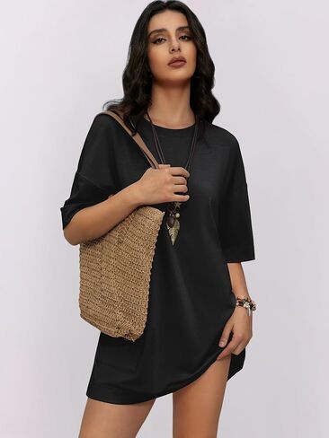 Womens Oversized T Shirt Dress Short Sleeve Crewneck Tunic Tops Basic Summer Casual Mini Short Dresses with Pockets in Saudi Arabia