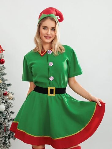 النساء الرجال طفل عيد الميلاد قزم تأثيري حلي سانتا فستان + السراويل + جوارب السيقان + قبعة + حزام زي عيد الميلاد in Kuwait