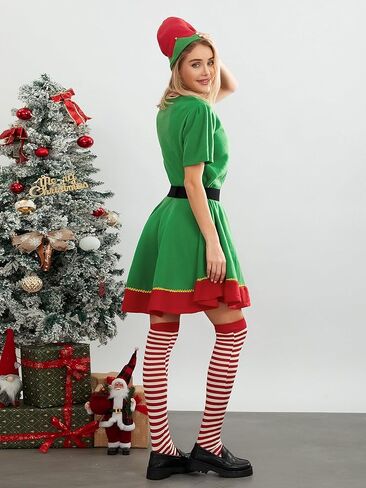 النساء الرجال طفل عيد الميلاد قزم تأثيري حلي سانتا فستان + السراويل + جوارب السيقان + قبعة + حزام زي عيد الميلاد in Kuwait