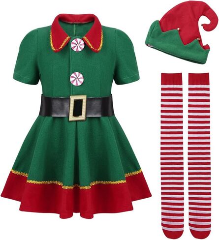 النساء الرجال طفل عيد الميلاد قزم تأثيري حلي سانتا فستان + السراويل + جوارب السيقان + قبعة + حزام زي عيد الميلاد in Kuwait