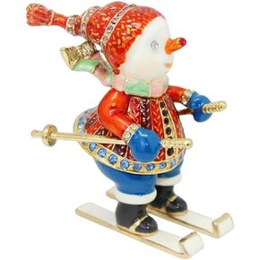 Hand Painted Enameled Christmas Snowman Trinket Box Hinged Collectible Snowman Hinged Jewelry Box Ring Boxes Gifts Christmas Ornament (Ski-Snowman)