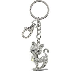 Stylish Cat Keychain - Silver 3D Sparkling Charm Rhinestones Fashionable Stylish Metal Alloy Durable Key Ring Bling Crystal Jewelry Accessory with Clasp