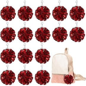 16Pcs Cheer Pom Pom Keychain,Cheer Keychain Bulk,Cheerleader Keyring Foil with Keychain Hooks for Women's Bag Gifts