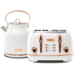 Haden Heritage 75012 1.7 Liter Stainless Steel Body Retro Electric Tea Kettle, White and Haden Heritage 75013 4 Slice Wide Slot Stainless Steel Retro Toaster, White