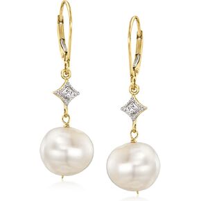 Ross-Simons 10.5-11mm Cultured Pearl Drop Earrings With Diamond Accents in 14kt Yellow Gold