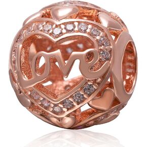 Rose Gold Plated "Love" 925 Sterling Silver Openwork Heart Charm for DIY Bracelet