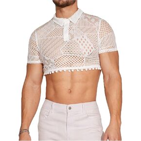 OYOANGLE Men's Hollow Out Crop Top Pom Pom Trim Collared Short Sleeve Knitted Clubwear Shirts