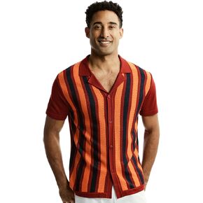 Men’s Short Sleeve Lapel Collar Knit Sports Shirt – Vertical Drop Needle Solid and Stripe Pattern