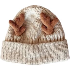 MAGICLULU 1 Pack Reindeer Beanie Antler Warm Cap Christmas Knitted Beanie Hat for Adults Women Adults(Beige)