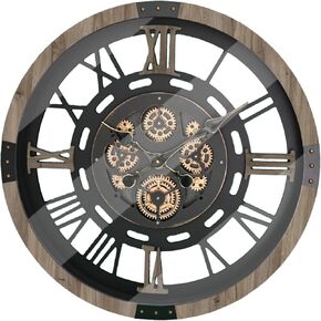 Original Moving Gear Large Wall Clock 24" Battery-Operated (Rustic Wood and Dark Gold, 24inch)