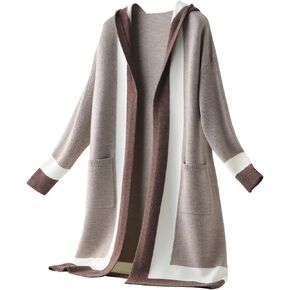 Long Chunky Cardigan Sweaters for Women Color Block Hooded Knit Oversize Warm Sweater with Pockets