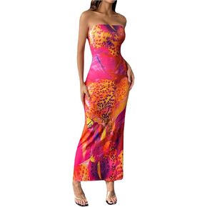 GORGLITTER Women's Leopard Print Strapless Tube Dress Cheetah Bodycon Maxi Dress Party Club Dresses