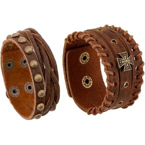 Handmade Leather Bracelet Punk Wristband Set Adjustable Cuff Buckle Belt (Weave Set 2)