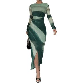 Women's Ombre Mesh Dress Long Sleeve Crewneck Bodycon Dresses Wrap Split Slim Fit Maxi Dress