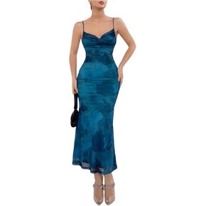 Milumia Women's Tie Dye Cowl Neck Bodycon Cami Dress Crisscross Sleeveless Mesh Long Dresses