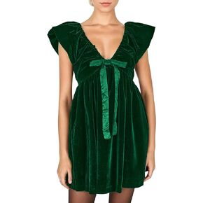 Meladyan Women’s Velvet Satin Bow Mini Dress V Neck Short Puff Sleeve Mini Dress Solid Flowy Short Dress