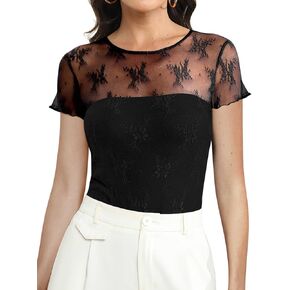 Ugerlov Women's Sexy Lace Bodysuit Short Sleeve Crew Neck Shirts Mesh See Through Bodysuit Top Slim Fit Sheer Blouse