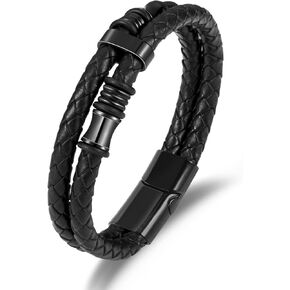 Mens Wrist Bracelet Cool Double Row Braided Leather Wristband with Black Metal Bands Stainless Steel Bracelets for Men Trendy Fashion Jewelry Accessories