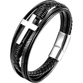 Cross Leather Bracelet for Men, Multi-Layer Braided Mens Cuff Bracelets with Stainless Steel Clasp Religious Anniversary Father's Day Birthday Christmas Jewelry Gifts for Him