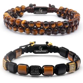 2 PIECE SET - Men's TIGER EYE Double Bead Bracelet Flatbead Bracelet