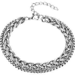 Mens Stainless Steel Bracelets, 5MM Layered Silver Cuban Link Chain Bracelets for Men Women, 7.5"+2"
