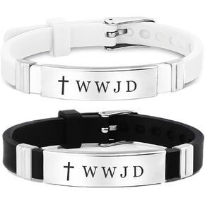 WWJD Bracelet Set for Men Women,2Pcs Stainless Steel Adjusted Silicone What Would Jesus Do Bracelets Inspirational Religious Reminder Jewerly Gift for Him Her