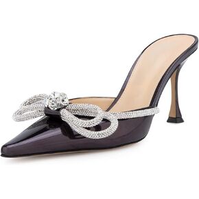 LauraVicci Women High Heeled Mules Pointed Toe Crystal Rhinestones Bow Sandals Stiletto Backless Slip on Summer Bridal Shoes Black Size 7.5