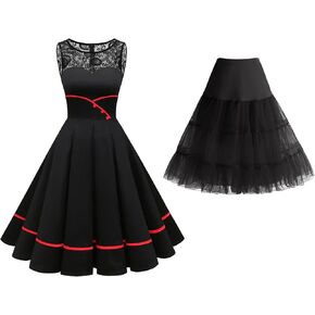 Bbonlinedress Women 1950s Vintage Party Swing Dress Black 2XL + Vintage Petticoat Underskirt 25" Black XL