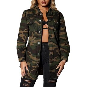 WDIRARA Women's Camo Print Button Front Long Sleeve Denim Jacket Pocket Outerwear