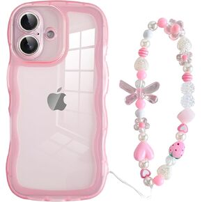 Jmltech for iPhone 16 Pro Max Case with Wrist Chain Wristlet Strap Wave Cute Girly Wavy Silicone Clear Hybrid Dual Layer Curly Frame Ultra Thin Protective Phone Cases for iPhone 16 Pro Max Pink
