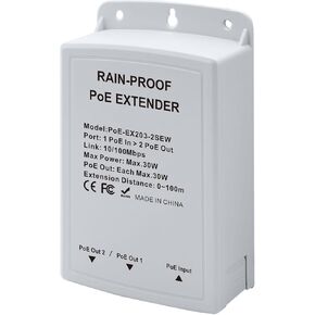 Outdoor POE Switch/Extender，1 in 2 Out Port，IP65 Rainproof,10/100Mbps,30W 48V IEEE 802.3af/802.3at，2 Port PoE+ Amplifier/Booster/Repeater，Plug and Play