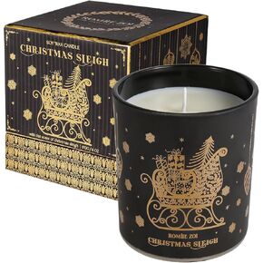 شمعة معطرة لعيد الميلاد - شمعة شمع الصويا 6oz، مزلقة عيد الميلاد، مملوءة برائحة خشب الصندل والبرغموت - صندوق هدايا باللونين الأسود والذهبي معبأ كهدية لموسم أعياد الكريسماس