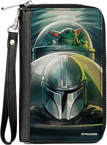 محفظة Star Wars بإبزيم للأسفل، سحاب حولها، وضعية Mandalorian Din Djarin وGrogu Starfighter Cockpit Pose، جلد نباتي in Kuwait