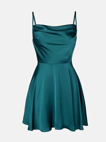 CUPSHE Women's Cowl Neck Satin Short Dress Sleeveless Formal Dress Cami Straps Hunter Green Mini Dress in Saudi Arabia