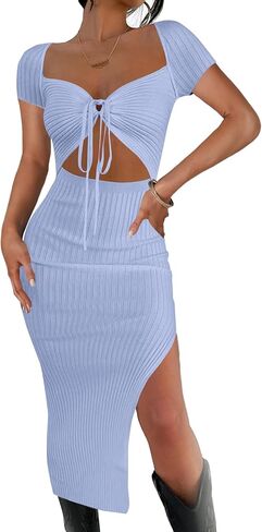 Rooscier Women's Deep V Neck Tie Front Cutout Split Short Sleeve Sexy Bodycon Midi Dress in Saudi Arabia