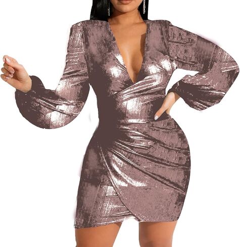 Women's Sexy Dress Deep V Neck Long Sleeve Ruched Sparkly Bodycon Club Mini Dresses for Party Club Night in Saudi Arabia