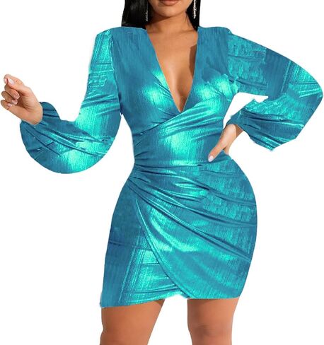Women's Sexy Dress Deep V Neck Long Sleeve Ruched Sparkly Bodycon Club Mini Dresses for Party Club Night in Saudi Arabia