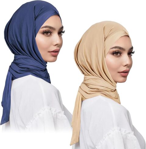 XEPST 2 Pieces Instant Hijabs for Women, Muslim Long Hijab Scarf Lightweight Soft Head Wraps Solid Color Hijab for Women in Kuwait