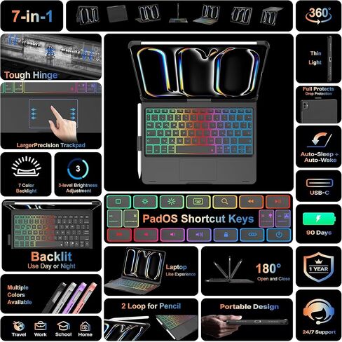 حافظة لوحة مفاتيح FARYODI لجهاز iPad Pro 13 بوصة (M4، 2024)، لوحة تتبع، قابلة للدوران 360 درجة، لوحة مفاتيح لاسلكية، 7 ألوان بإضاءة خلفية، حافظة لوحة مفاتيح سحرية لجهاز iPad Pro 13 بوصة - أسود in Kuwait