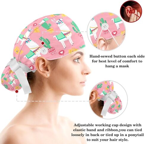 Valentine's Day Pink Hearts Adjustable Scrub Cap Hat with Button, Working Hat Sweatband with Bow Hair Scrunchy for Woman in Saudi Arabia