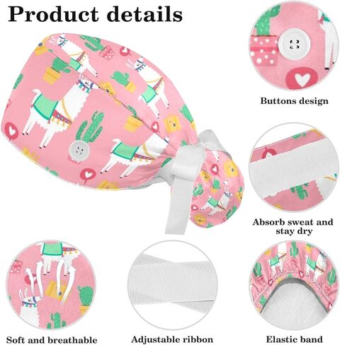 Valentine's Day Pink Hearts Adjustable Scrub Cap Hat with Button, Working Hat Sweatband with Bow Hair Scrunchy for Woman in Saudi Arabia