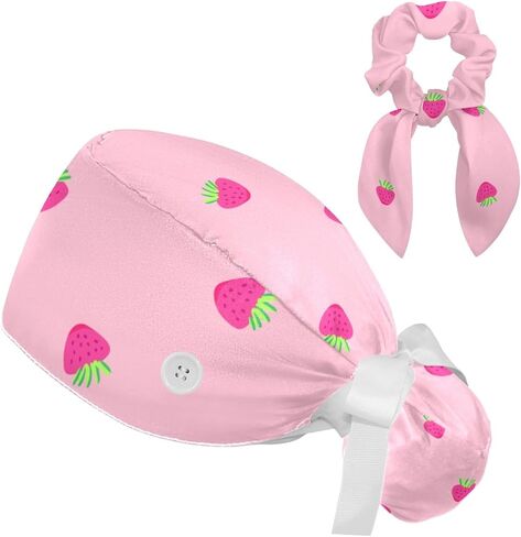 Valentine's Day Pink Hearts Adjustable Scrub Cap Hat with Button, Working Hat Sweatband with Bow Hair Scrunchy for Woman in Saudi Arabia