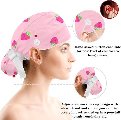 Valentine's Day Pink Hearts Adjustable Scrub Cap Hat with Button, Working Hat Sweatband with Bow Hair Scrunchy for Woman in Saudi Arabia