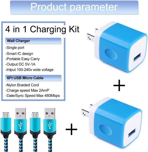 كابل USB لشاحن الحائط Micro USB، 4 مجموعات شحن مكعب شاحن USB مع كابل سلك مايكرو Android متوافق مع Samsung Galaxy S7 Edge A10 A6 M10 J7 J8 S6 S5 Note 5 4، LG، HTC، Moto، Android Phone in Saudi Arabia