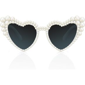 Tanganan Heart Sunglasses Love Heart Pearl Sunglasses for Women White Rhinestone Glasses Bachelorette Party Bride Sunglasses
