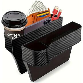 2 Pack Car Seat Gap Filler Organizer, Automotive Front Seat Storage with Cup Holder, Auto Console Side Extra Storage Boxes, Seat Side Storage - Passenger Side&Driver Side（Carbon Fiber Pattern）