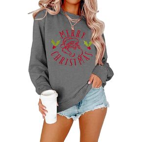 KIDDAD Merry Christmas Sweatshirt for Women Christmas Sweatshirts Cute Xmas Santa Embroidered Long Sleeve Pullover Tops