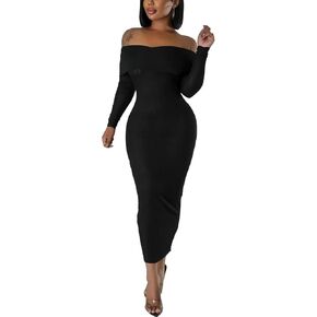 Uni Clau Off Shoulder Dresses for Women Sexy Long Sleeve Knit Party Cocktail Bodycon Midi Dress