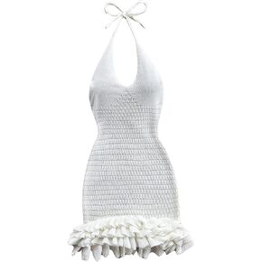 Women's Halter Knitted Mini Dress Tiered Ruffle Backless Bodycon Pencil Dresses