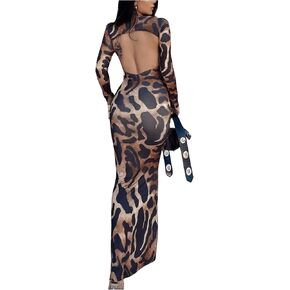 Floerns Women's Leopard Print Long Sleeve Mock Neck Backless Club Bodycon Long Dress